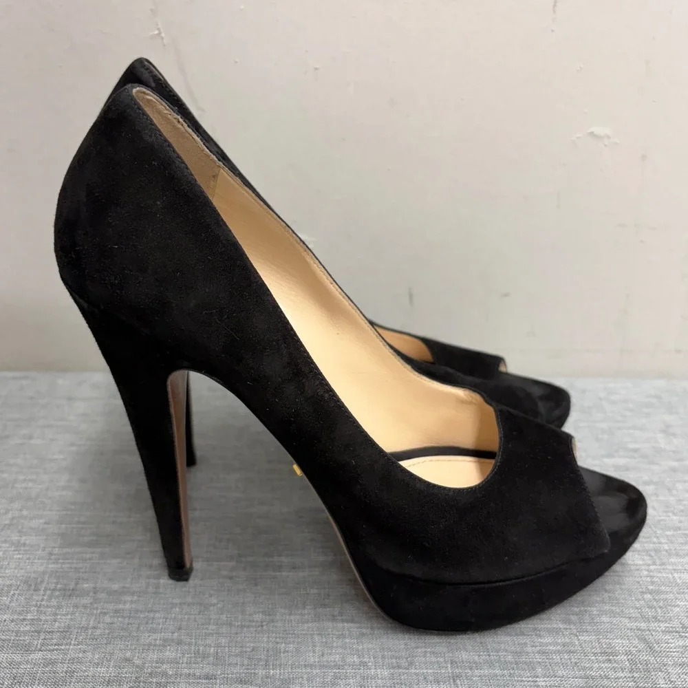 Prada Peep Toe Platform Pump Womens 38 Black Suede Stiletto High Heel Italy